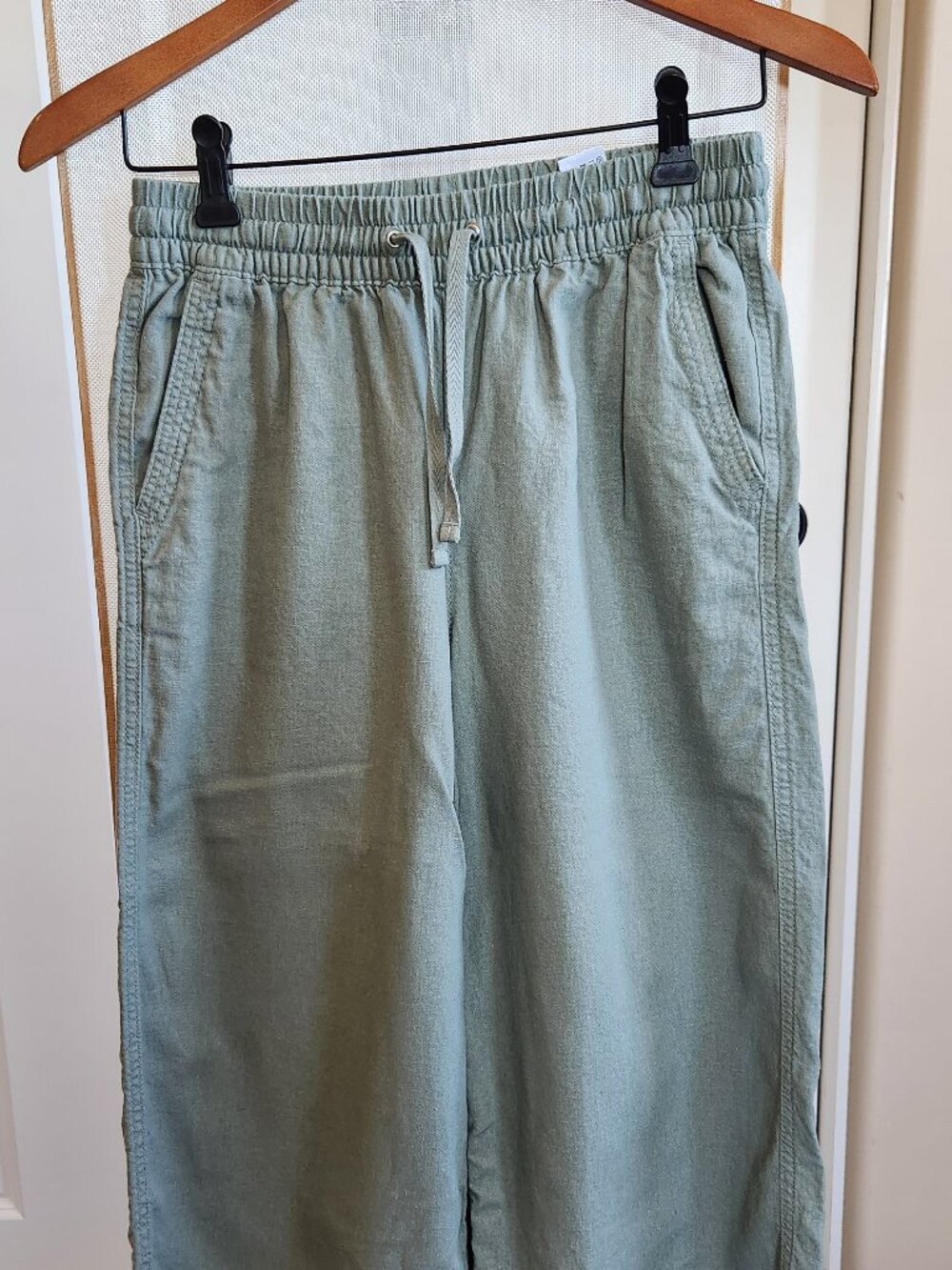 M&S Marks & Spencer Linen Rich Wide Leg Drawstring Pants Soft Khaki Green US 4
